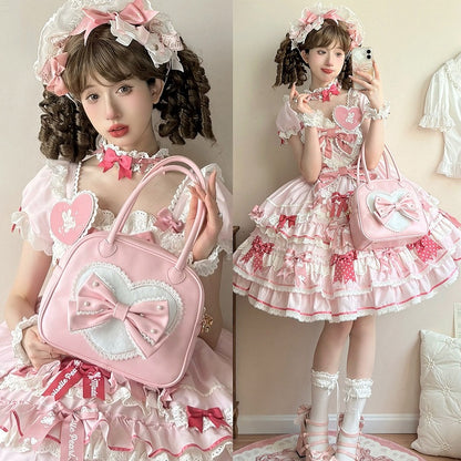 Perlenverzierte Schleife Plüschhandtasche Rosa Süßes Lolita-Herz