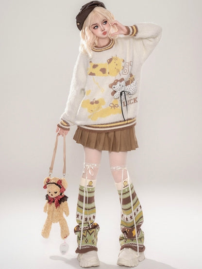 かわいい子犬が飾られたコーヒー/アプリコットの子犬柄ラウンドネックモヘアセーター