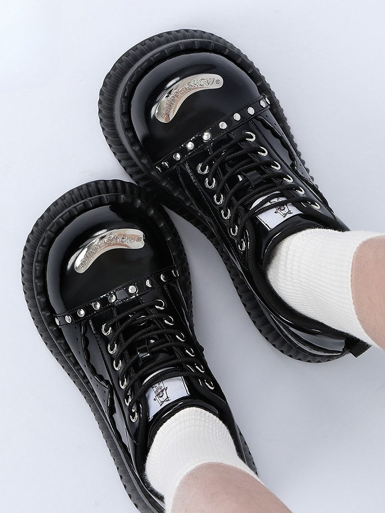 Plate Accents Details Black Stud Punk Design - Metal Lace-Up Platforms with