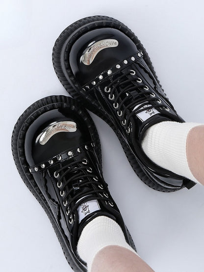 Plate Accents Details Black Stud Punk Design - Metal Lace-Up Platforms with