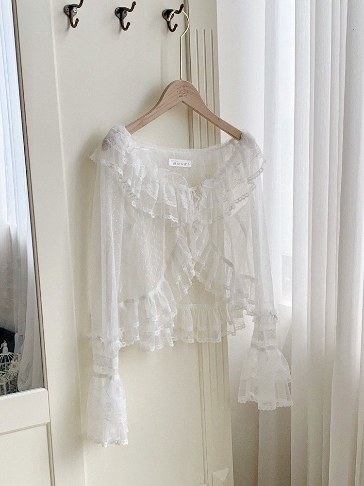 Dotted Sheer Trimming Long Tulle Flounce Sleeves White Top