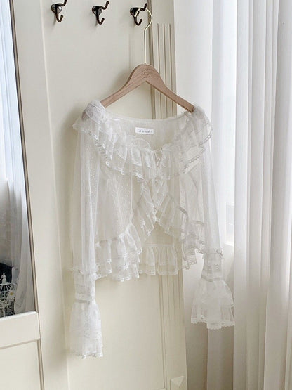 Dotted Sheer Trimming Long Tulle Flounce Sleeves White Top