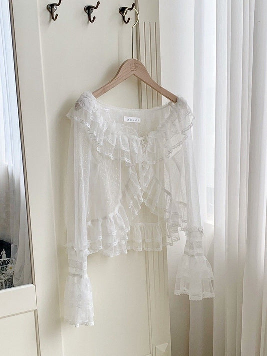 Dotted Sheer Trimming Long Tulle Flounce Sleeves White Top