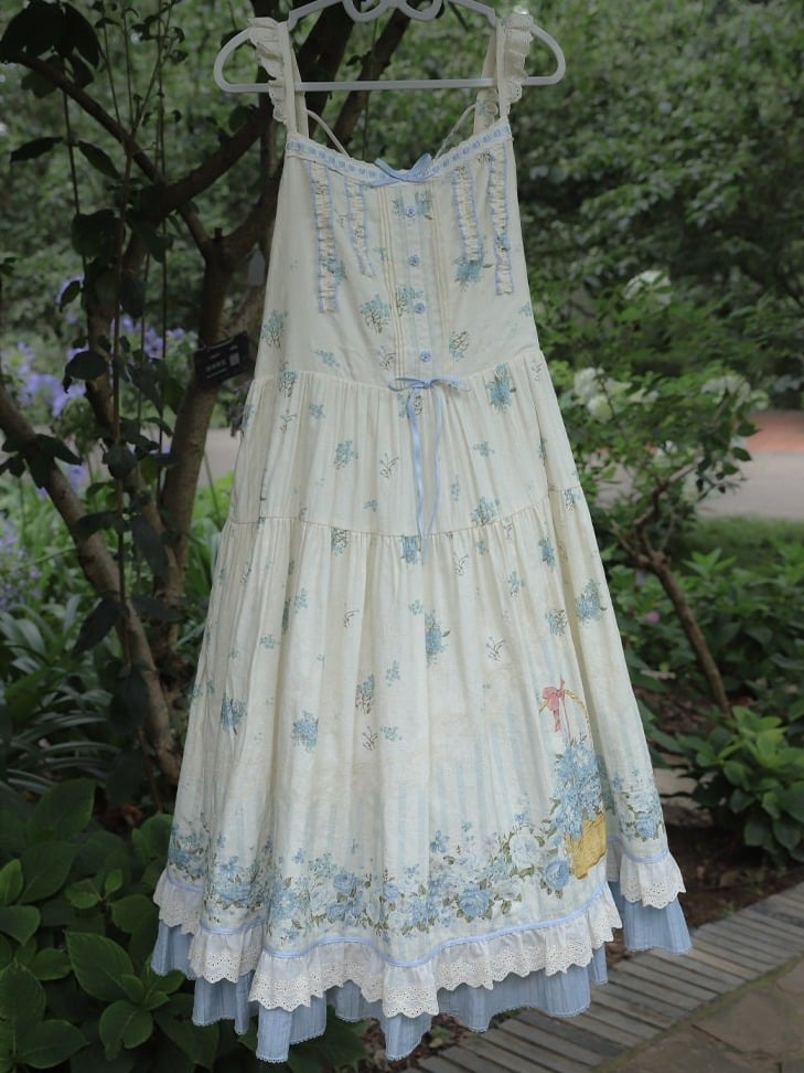 Sweet Lolita Style Summer JSK Dress with Lace & Blue Floral Print - Rock Candy Box