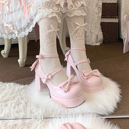 Rosa Lolita-Schuhe mit Schleife und Plateau und hohem Blockabsatz