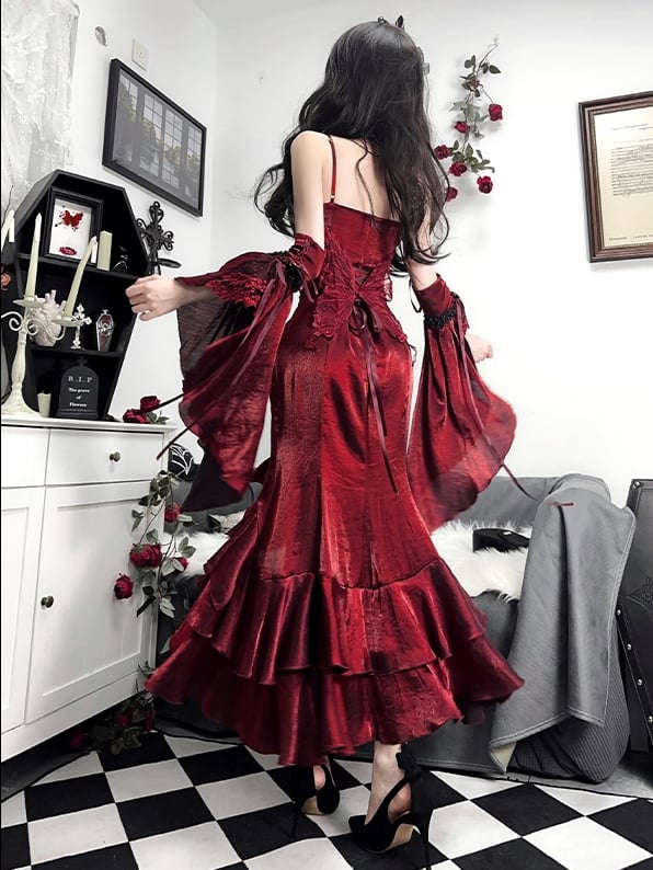 Burgunderrotes Abendkleid im Meerjungfrauenstil mit Rosette und abnehmbaren Volantärmeln