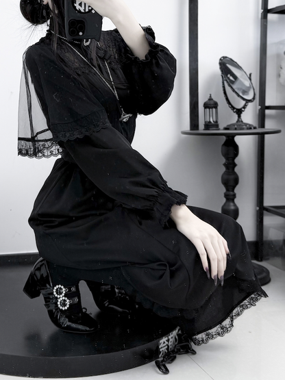 Black Sleeves with Illusion Jirai Dress: Silhouette Kei Neckline Cape Dark Mermaid