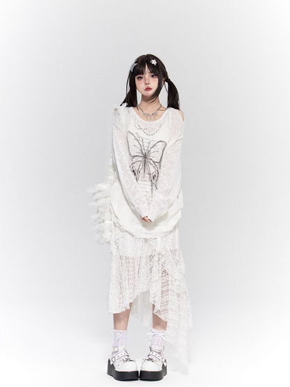 Coverup Semi-sheer Butterfly Print Cutout Shoulder White/Black/Apricot