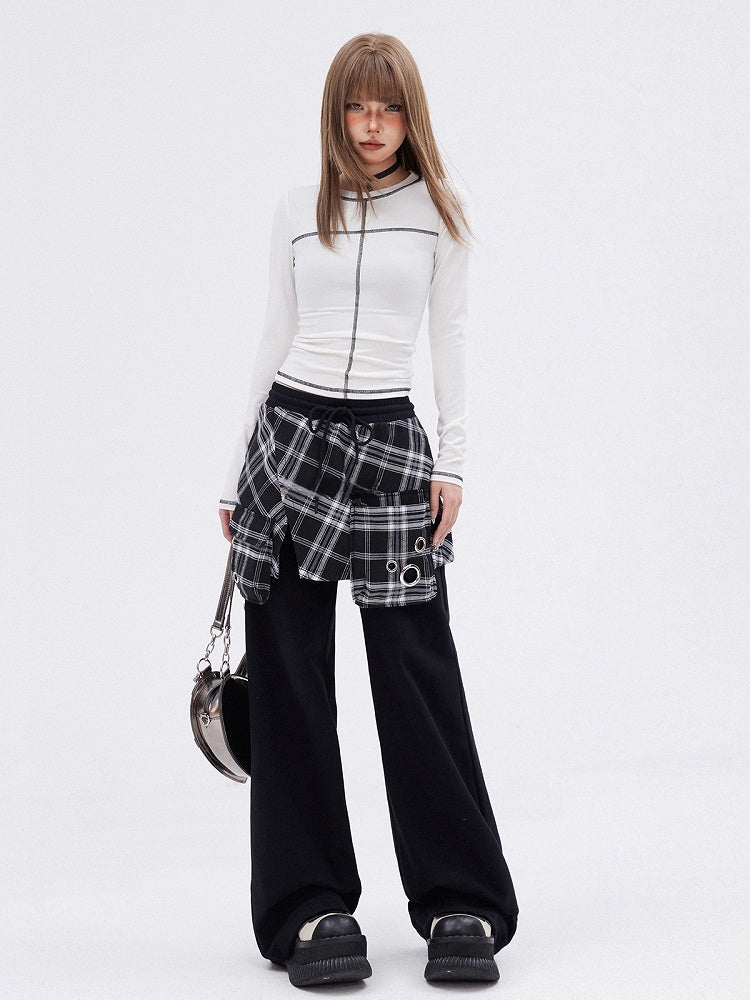 White/Black  Round Neck Long Sleeves T-shirt