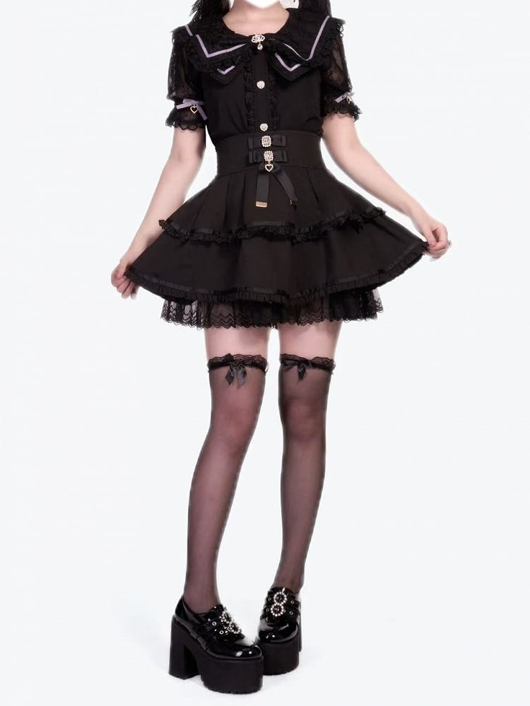 High Jirai Black Skirt with Tiered Bows Waist Kei