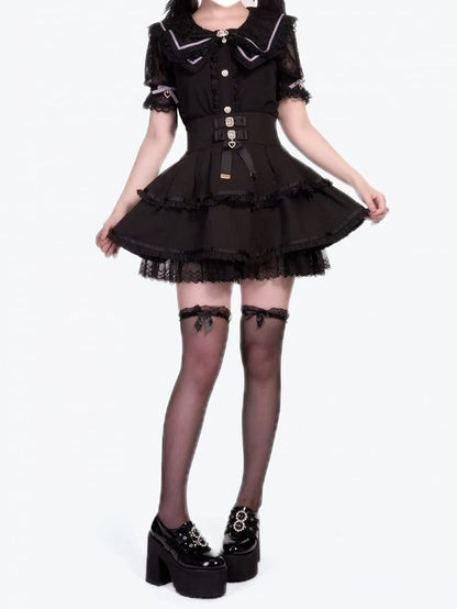 High Jirai Black Skirt with Tiered Bows Waist Kei