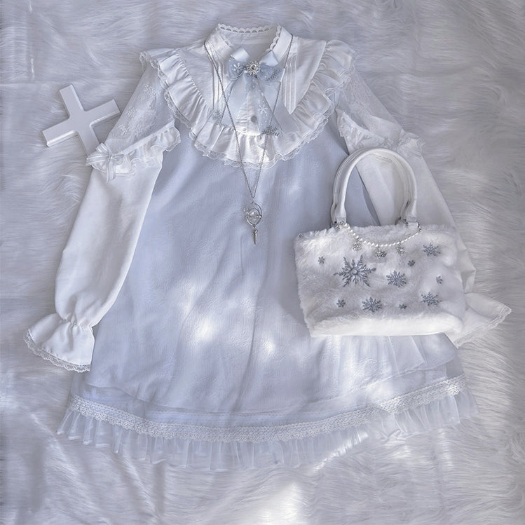 ジライケイ ライトブルー レースパッチショルダー ランドマインスタイル レーストリム ロングスリーブドレス