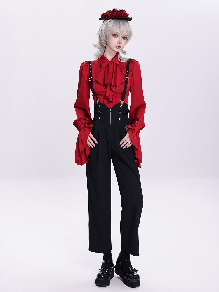 Black High-Waist Ouji Pants with Zip, Buckle Straps, and Shoulder Clips - DevilInspired Exclusive Collection