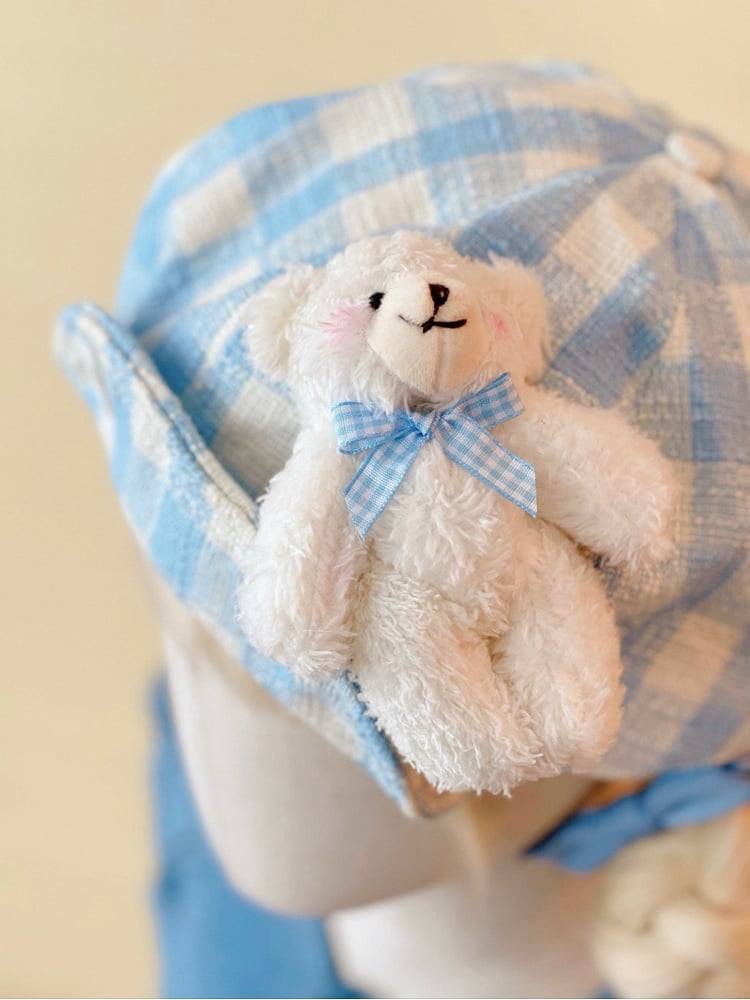 Doll Button Beret Mini Plaid Hat Bear White with Heart-Shaped Blue