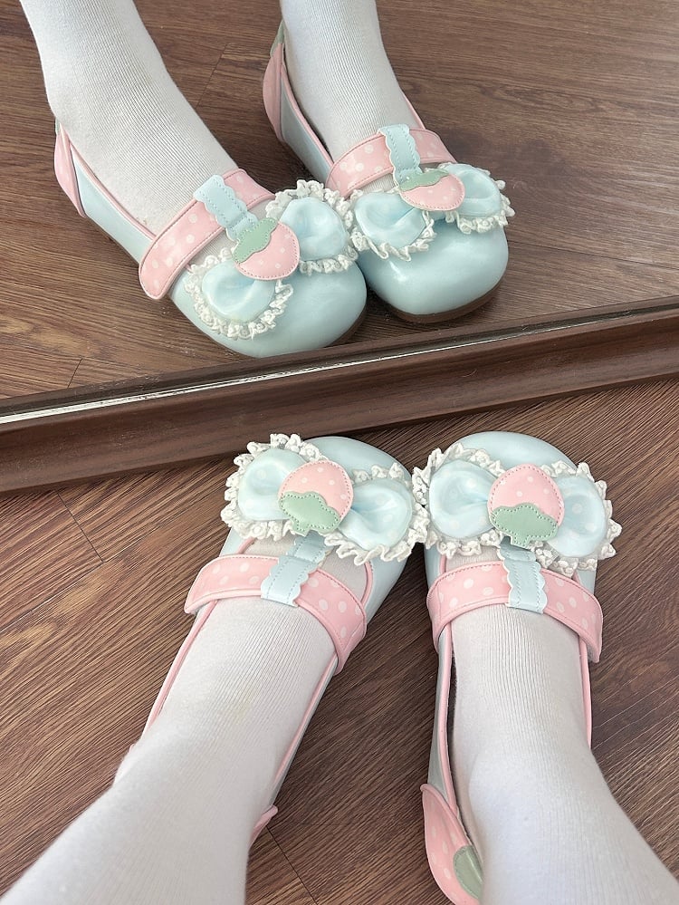 Sweet in Shoes Strawberry PU Top Bow Leahter Blue Closures T-Velcro Strap Flat -