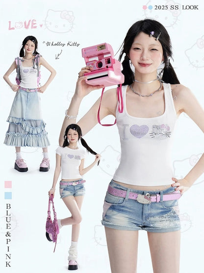 Sweet White Kitty Rhinestones Tank Top/T-Shirt