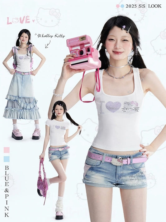 Süßes weißes Kätzchen Strass Tank Top/T-Shirt