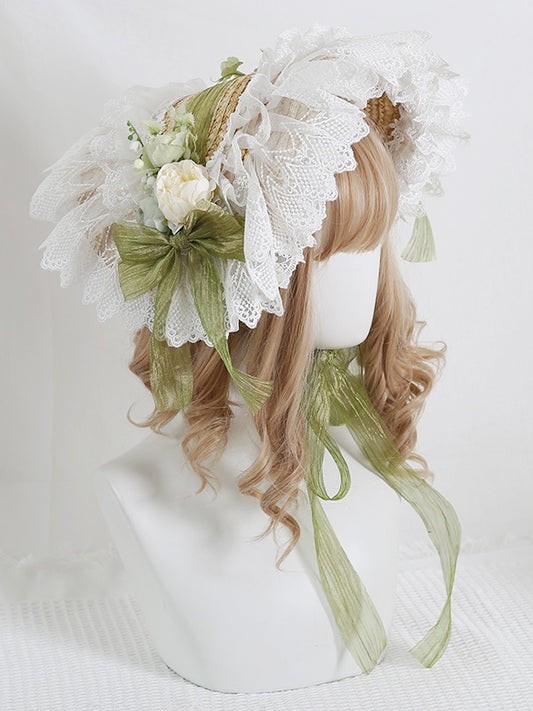 Bowknot Gorgeous Country - Straw Green Trimmed Lace Lolita Decoration Bonnet with Floral