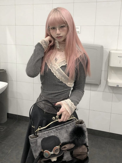 Lace Long Pink Trim Sleeve Top Gray Crossover