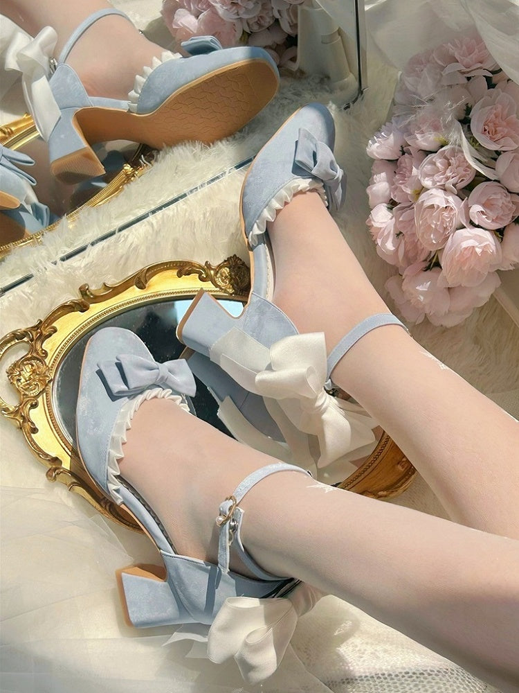 Classic Bowknot PU Details Mid-heel Blue in Ruffles with Lolita Shoes Trim Leather
