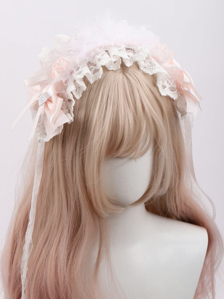and Lace Hairband Lolita White Pink Sweet with Rose Decor Feather