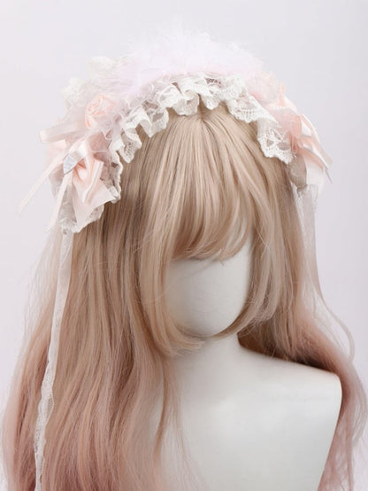 and Lace Hairband Lolita White Pink Sweet with Rose Decor Feather