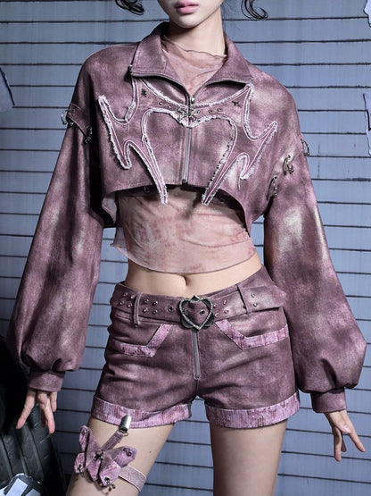 with Sleeves Applique Denim Punk Cutout Pink Y2K Dusty Bishop Jacket Crop Pastel Heart Distressed