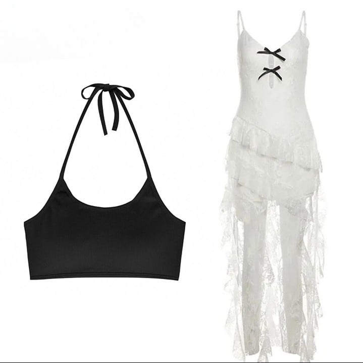 Top Neck Lace + Halter White Cami Hem Asymmetrical Bittersweet Skirt Dress Black