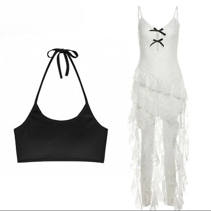 Top Neck Lace + Halter White Cami Hem Asymmetrical Bittersweet Skirt Dress Black