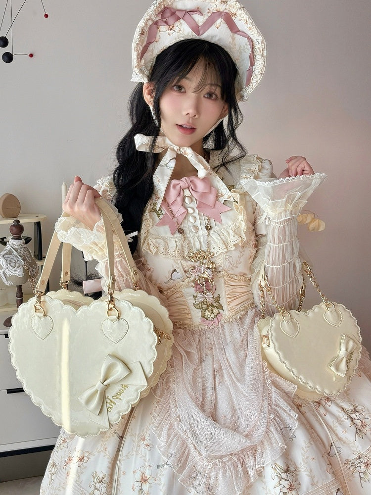 / with Crossbody Heart-shaped Hand - Zipper Bag Sweet PU Lolita Yellow Bow Leather