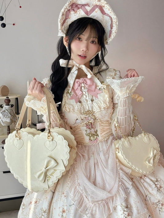 / with Crossbody Heart-shaped Hand - Zipper Bag Sweet PU Lolita Yellow Bow Leather