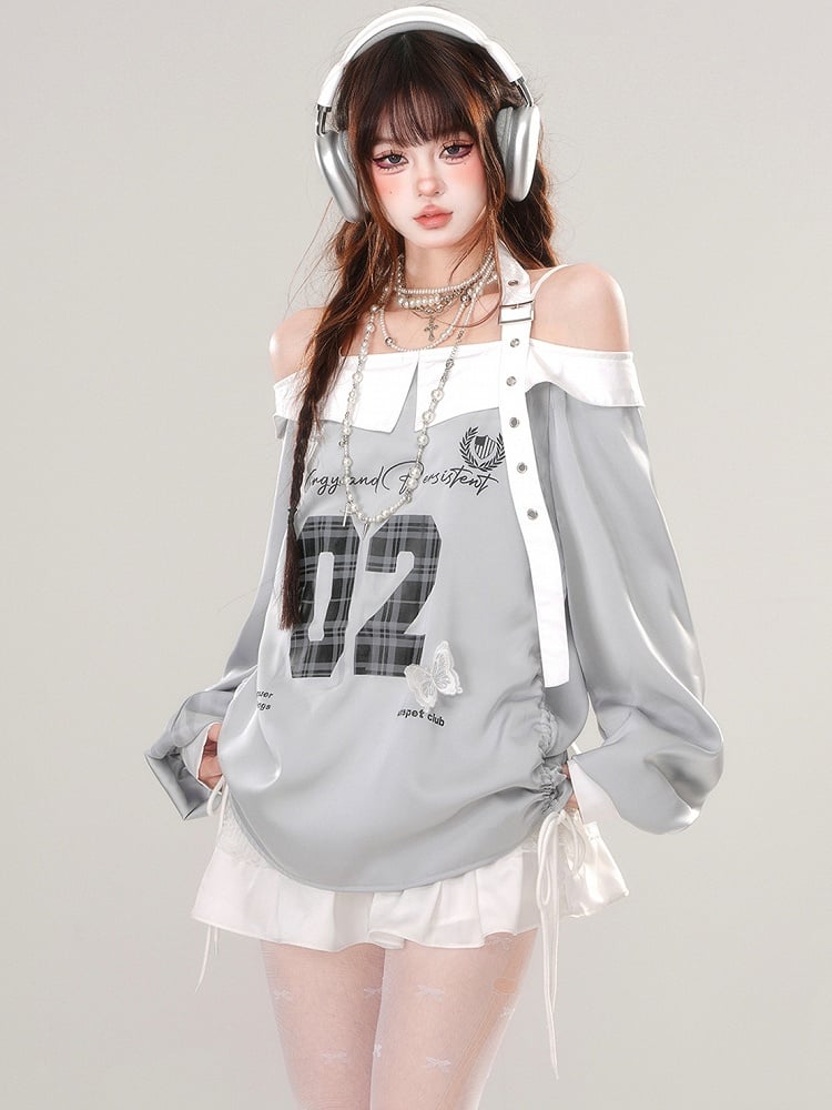 Grey Numbers Print Buckle Strap Halter Sporty Top Drawstring Waist