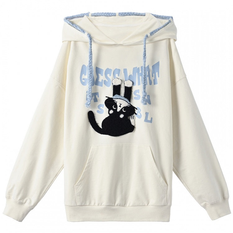 Printed Hoodie Loose Kitty Applique Beige