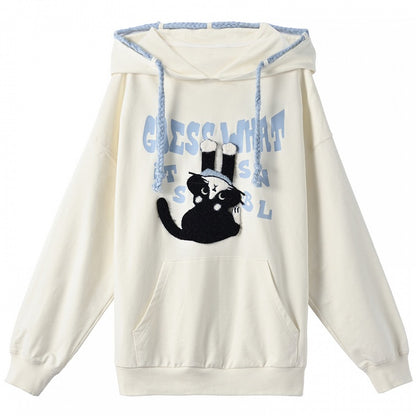 Printed Hoodie Loose Kitty Applique Beige