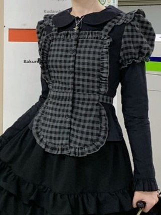 Top Ruffled Apron Black/White Peter with Pan Collar Faux Two-Piece