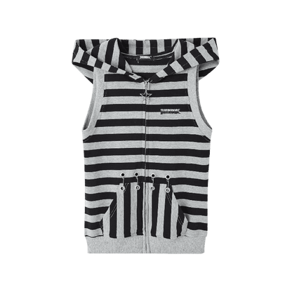 Vintage Bunny Ear Design Black  Grey Stripes Hood Y2K Tank Top
