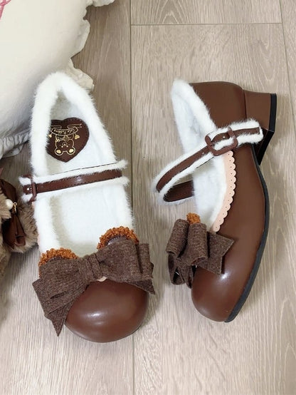 Chocolate Regular/Thicken Scalloped with Version - Sweet Bear-themed Lolita Trim Low/Mid Bow Removable Ornate Heels