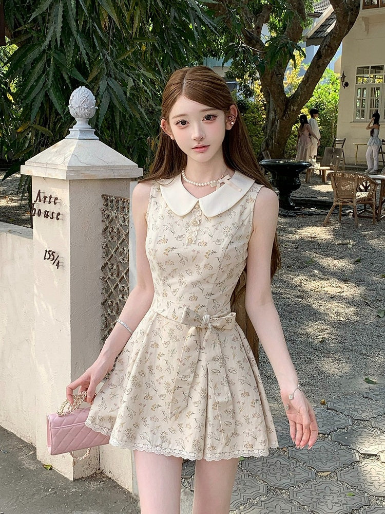 Apricot Floral Dress with Lace Trim - Qchiwawameme