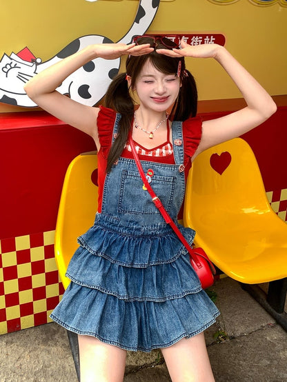 Overalls gefüttert blau gestuft Rüschen Distressed Denim Design