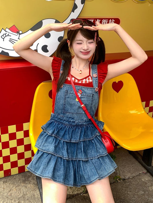 Overalls gefüttert blau gestuft Rüschen Distressed Denim Design