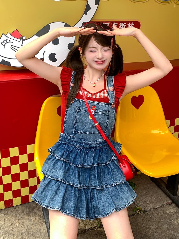 Red Halter Neck Flutter Sleeves Cherry Embroidery Neckline Faux Two-pieces Tank Top