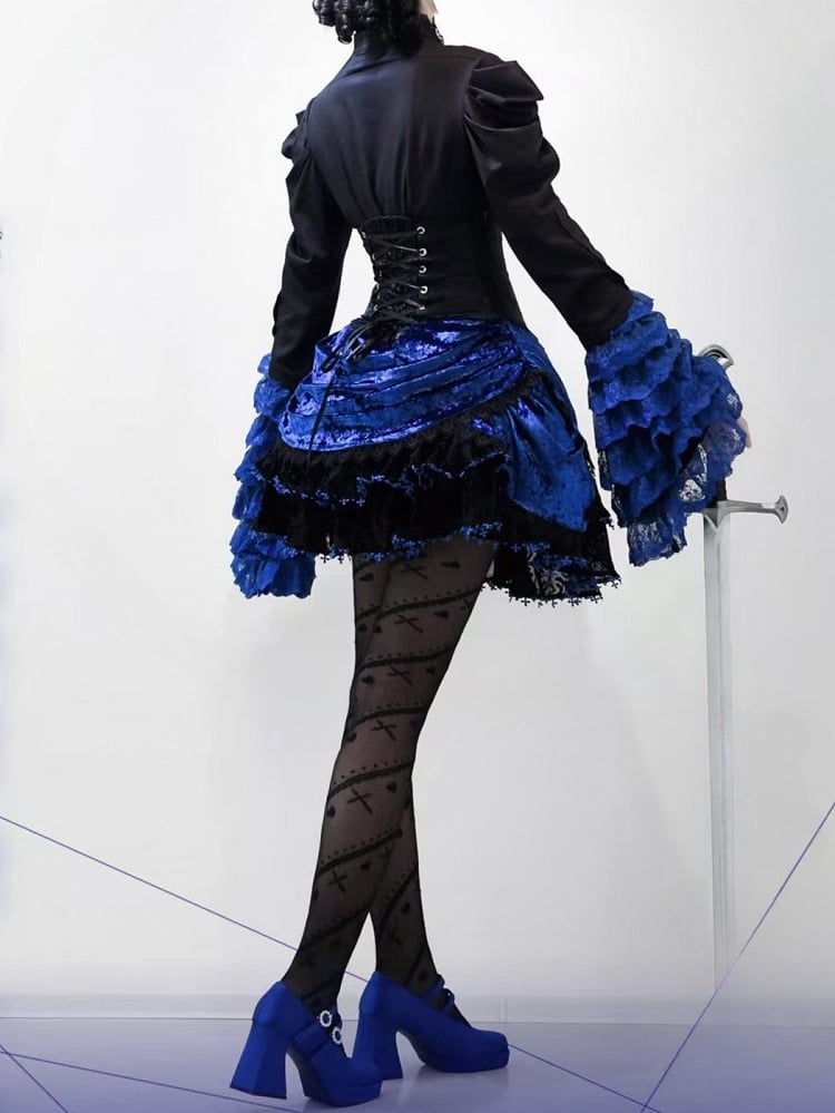 Black Sleeves Bell Lolita and Layered Gothic Shirt Klein Blue