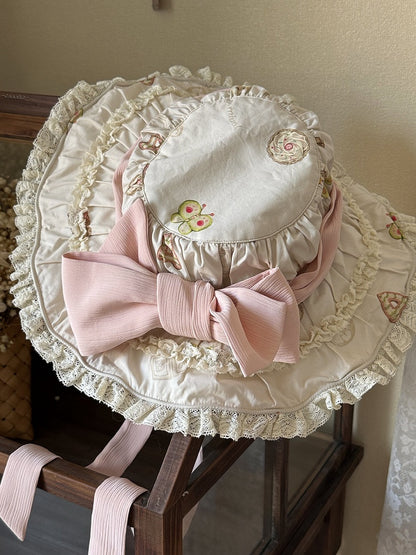 Decorated Pink Creamy Bow Hat Sweet Lolita
