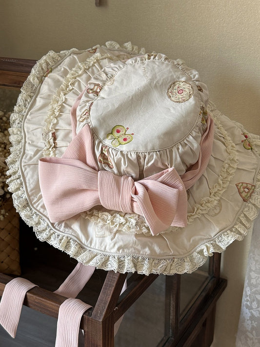 Decorated Pink Creamy Bow Hat Sweet Lolita