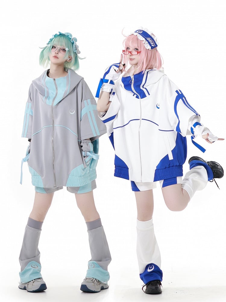 Hoodie Green and Gray Jirai Kei Techwear Straps Design Short Zipper Sleeves
