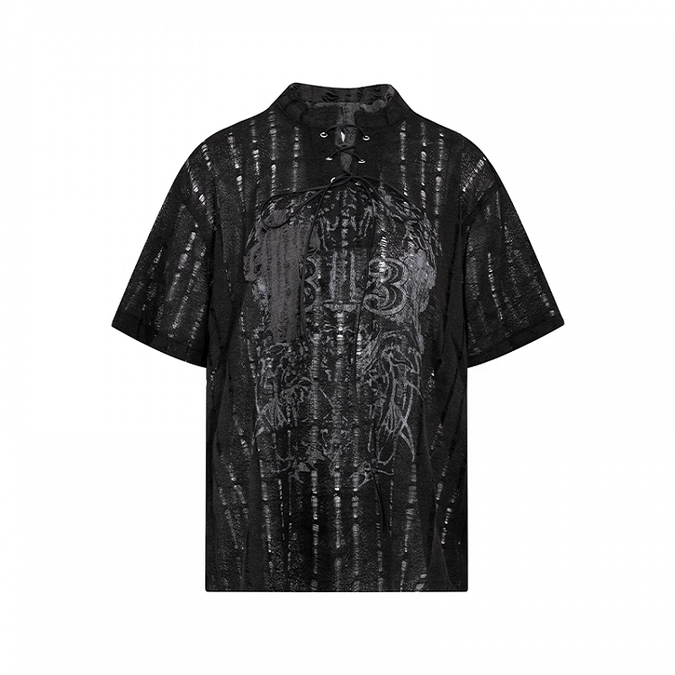 Y2K Löcher Schwarz/Weiß Schnürung Mock Neck Distressed