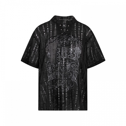 Y2K Holes Black/White Lace-up Mock Neck Distressed