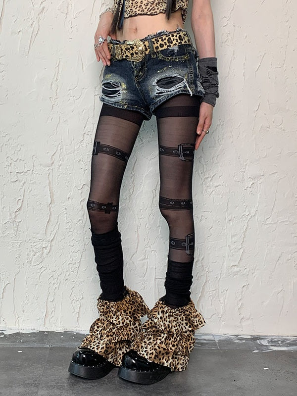 Black Punk Buckle Print Tights Leopard Leg Warmers Set