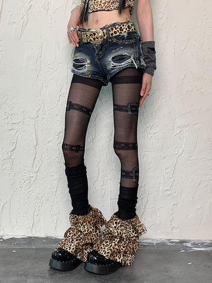 Black Punk Buckle Print Tights Leopard Leg Warmers Set