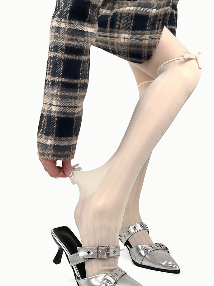 Tights Black/Beige Decorated Bowknot Striped